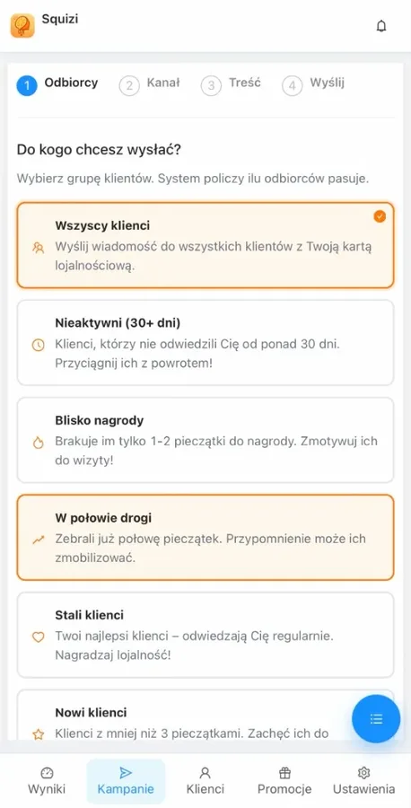 Kreator kampanii w aplikacji Squizi - wybór segmentu klientów