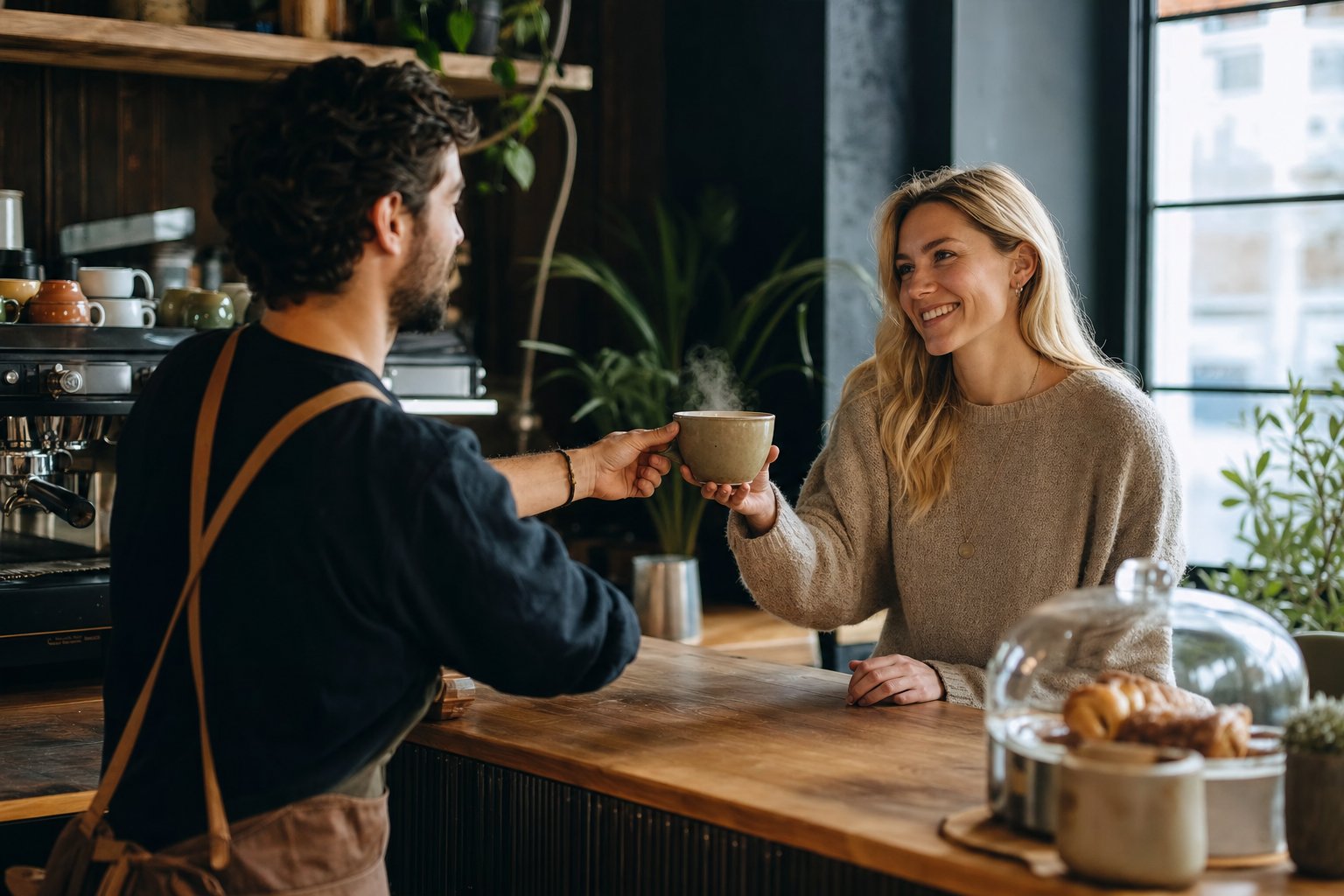Barista podaje kawę stałemu gościowi w kawiarni