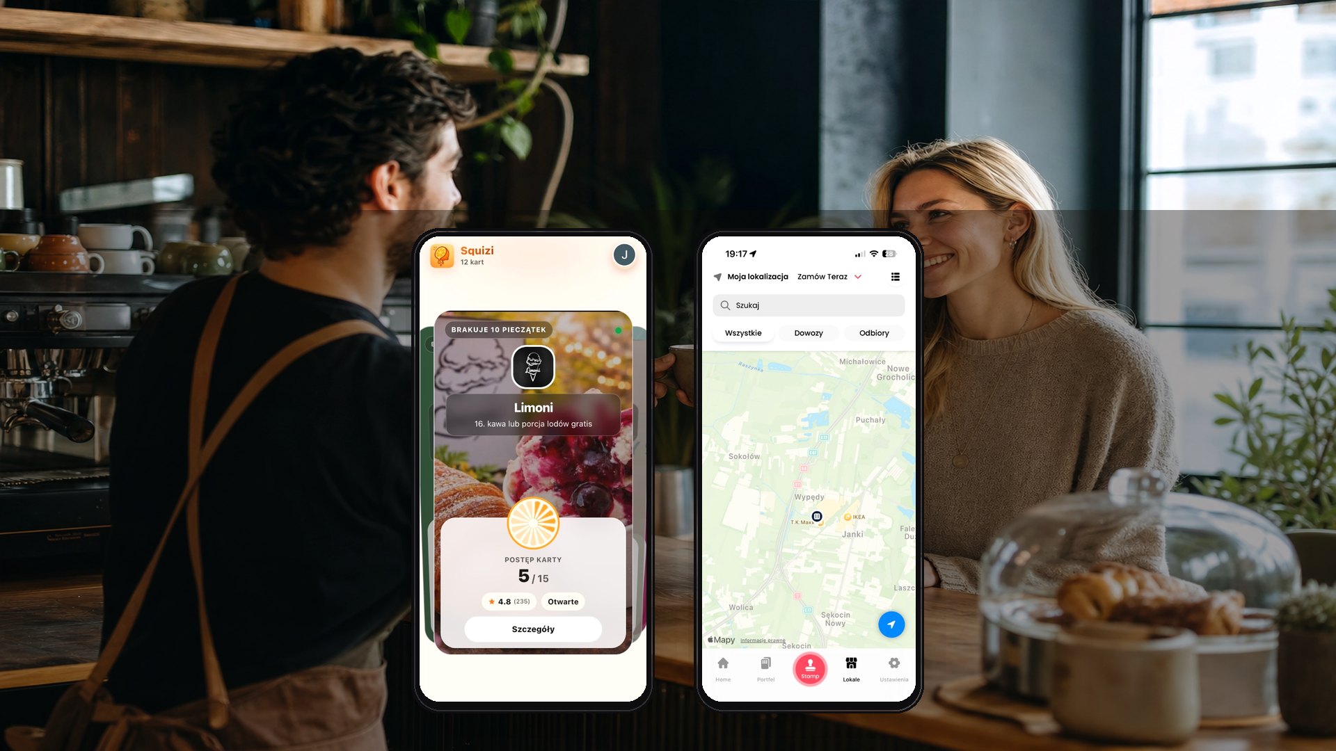 Porównanie: prawdziwy ekran Squizi (karta Limoni) i prawdziwy ekran Embargo App na mapie