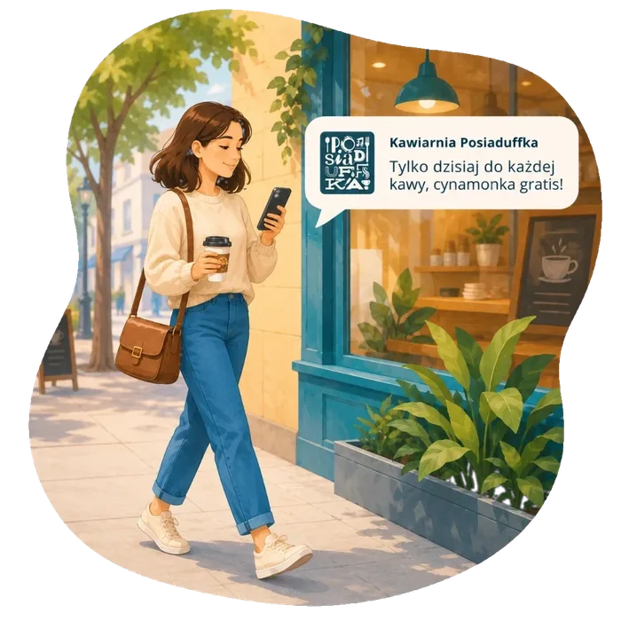 Klientka dostaje powiadomienie z promocją od kawiarni - Squizi kampania SMS