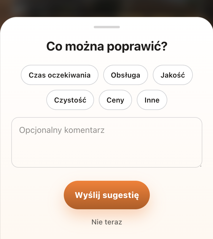 Formularz uwagi do lokalu - klient wybiera temat i wysyła sugestię